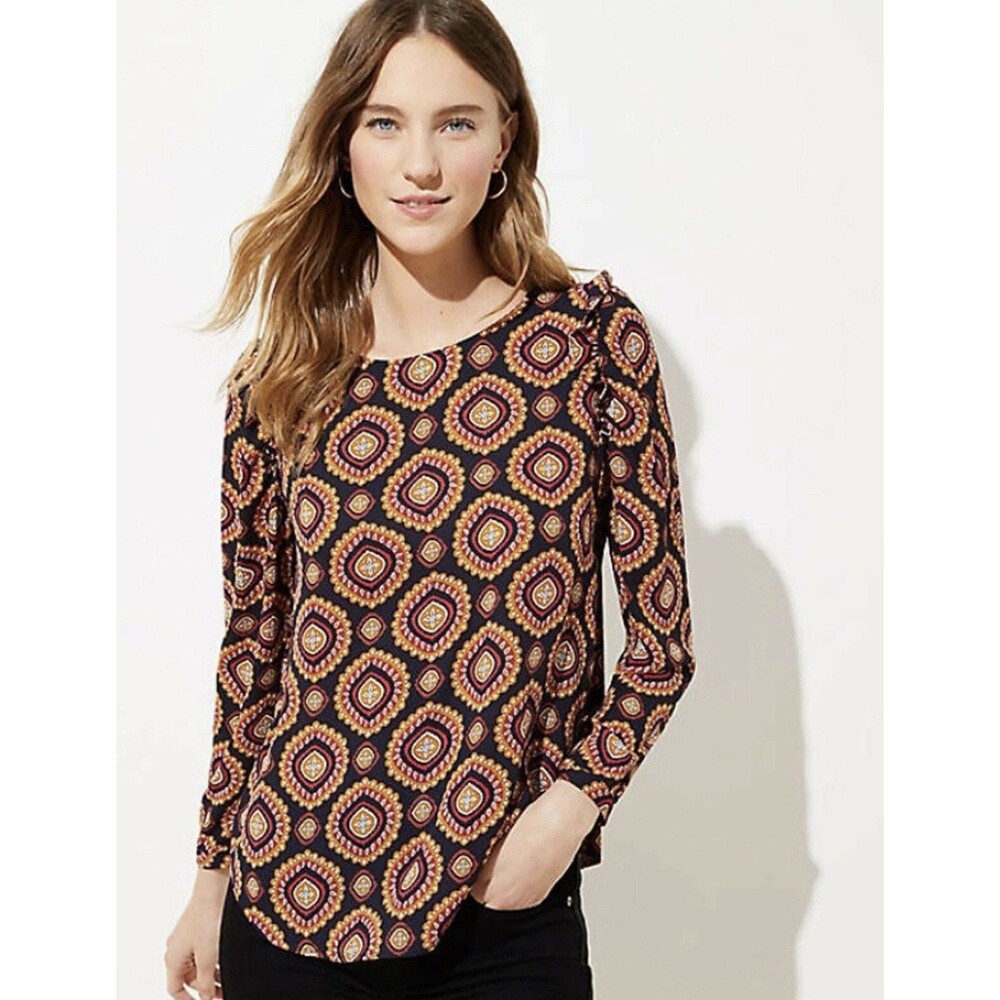 Ann Taylor LOFT Medallion Ruffle Shoulder Bar Back Blouse Long Sleeve Top Large